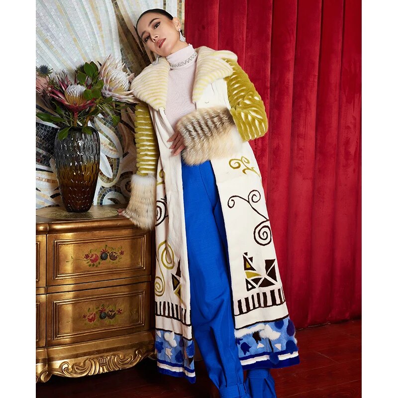 Women's Fur Coat 2223 Trend Natural Fur Long Mink white floral Outerwear Jackets Trench Coats New In Outdoor Clothes Clothing