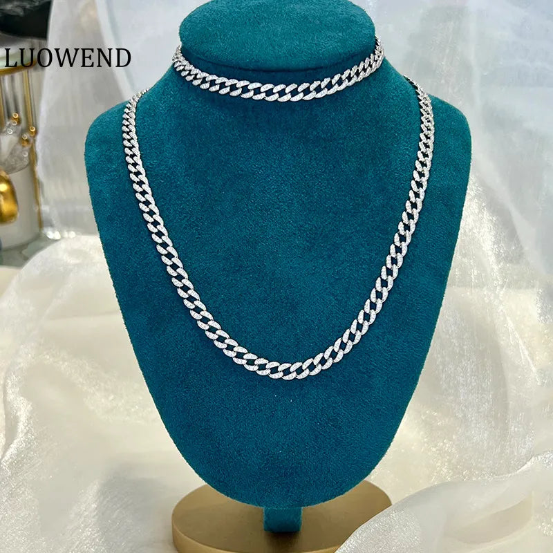 LUOWEND 18K White Gold Necklace Women Real Natural Diamonds 3.41carat Necklace Luxury Bracelet Cuban Design Wedding Jewelry