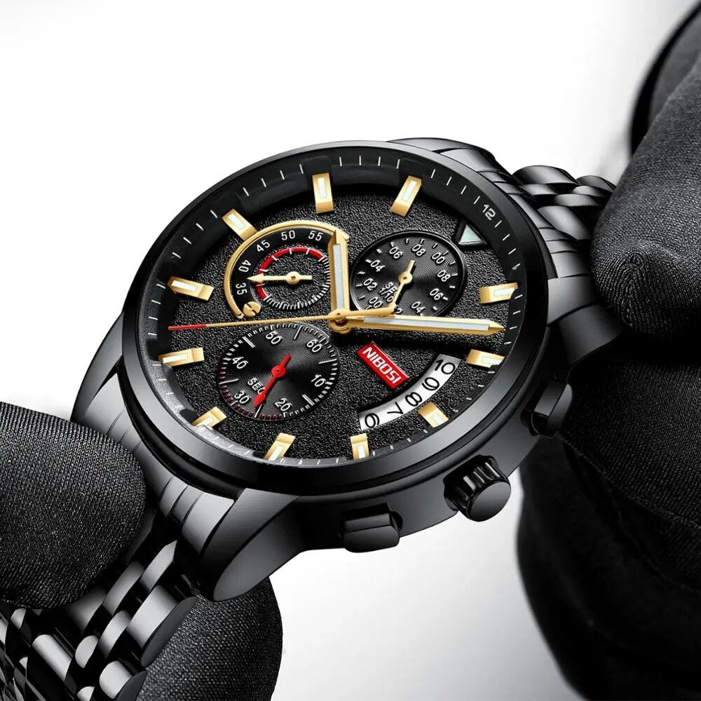 NIBOSI Top Brand Quartz Watch Men Sports Watches Steel Military Calendar Clock Waterproof Gold 2023 Wristwatch Relogio Masculino