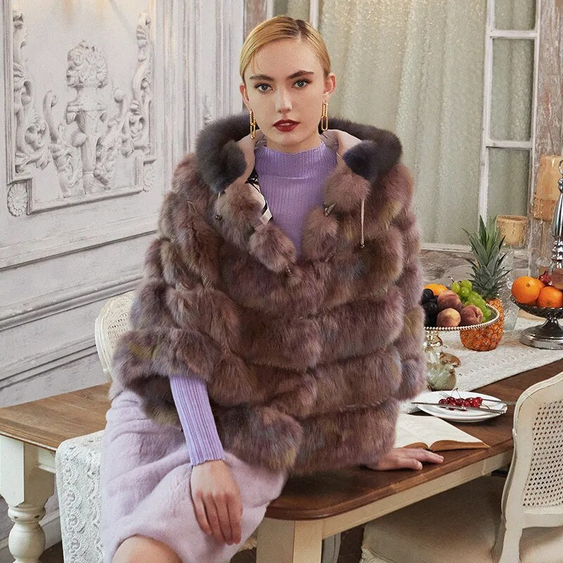Women's Fur Coat 2223 Trend Natural Fur Long Mink Purple Floral Hooded Outerwear Jackets Trench Coats Outdoor Clothes Clothing