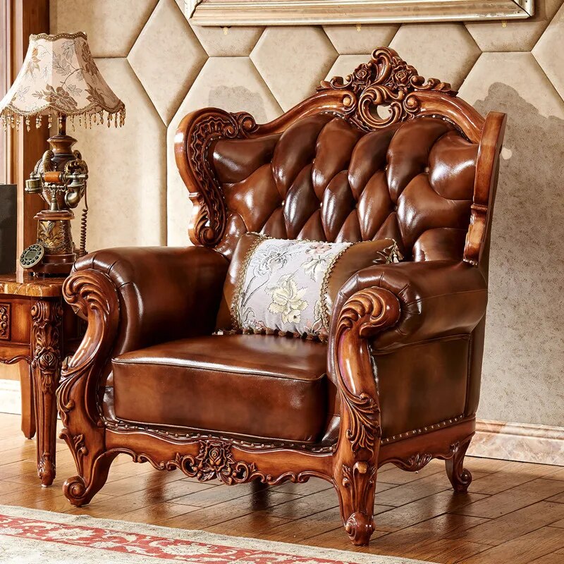Antique Color Solid Wood Carving European-style Leather Sofa First Layer Cowhide, Villa Size and Living Room Combination