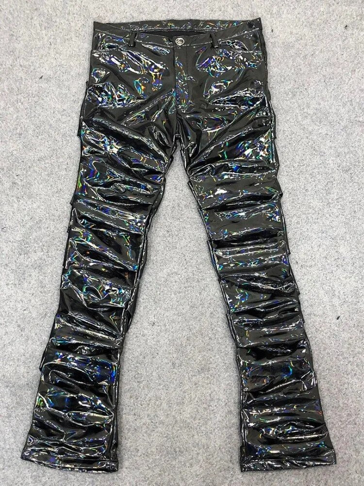 Sexy Mirror Smooth Pleated Flared Pants Men Faux Patent Leather Trousers Plus Size 6XL PU Night Clubwear Stretchy