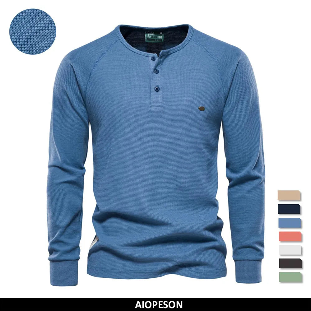 AIOPESON Waffle Henley T-Shirt Men Long Sleeve Basic Breathable Men's Tops Tee Shirts New Autumn Solid Color T Shirt For Men