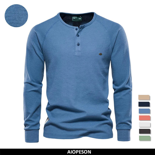 AIOPESON Waffle Henley T-Shirt Men Long Sleeve Basic Breathable Men's Tops Tee Shirts New Autumn Solid Color T Shirt For Men