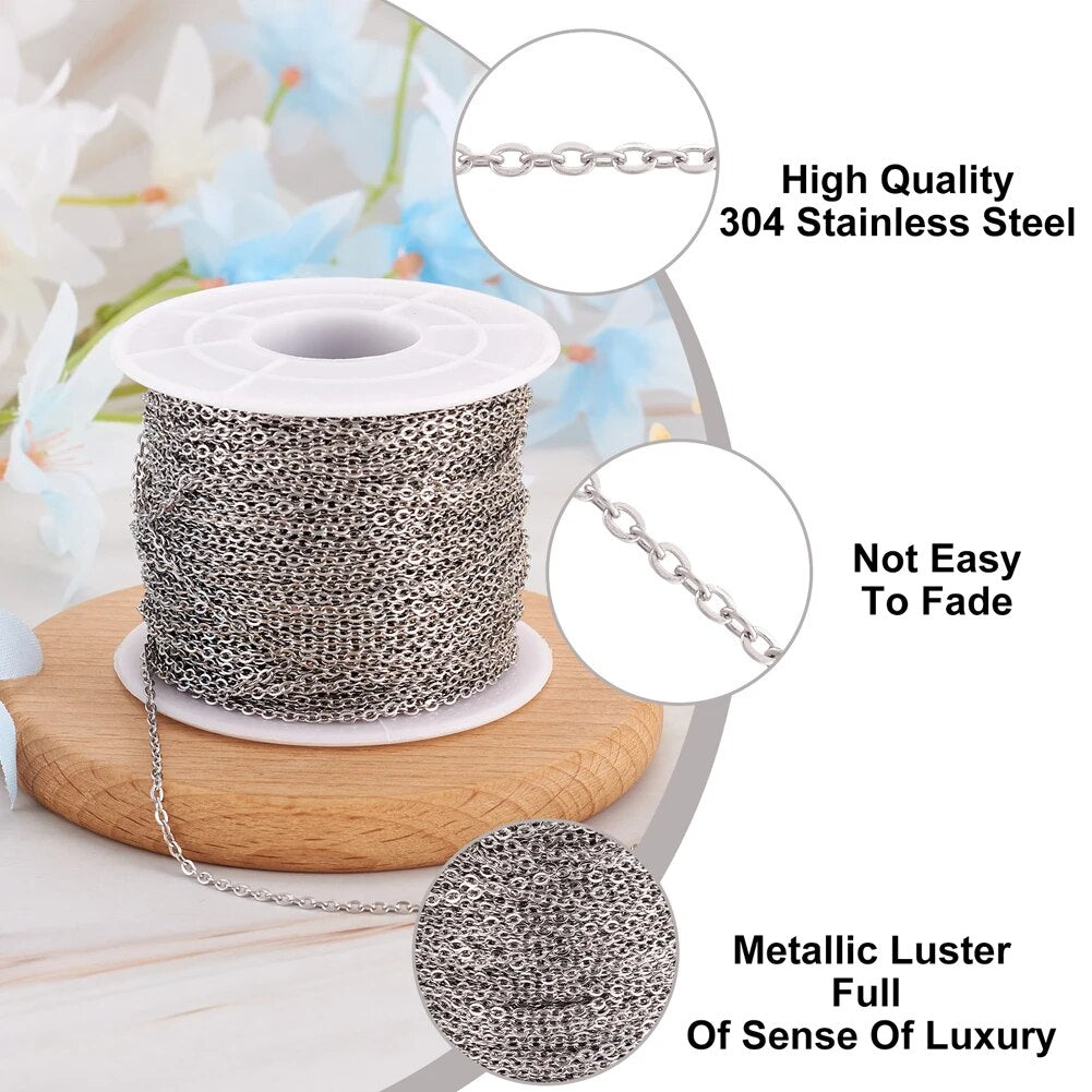 50m/roll 304 Stainless Steel Cross Chains Rolo Chain Curb Chain for Jewelry Making DIY Bracelet Necklace Handmade Craft Supplies