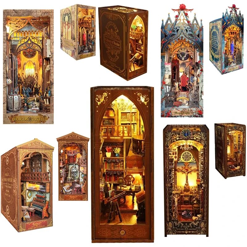 Diy Wooden Book Nook Shelf Insert Kits Miniature Books Library Saint Church Bookends Doll Houses Bookshelf Handmade Crafts Gifts