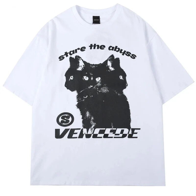Men Hip Hop T-Shirt Y2K Streetwear Cat Print Punk Gothic Tshirt Harajuku Casual Loose Cotton Tee Shirts Summer Short Sleeve Tops