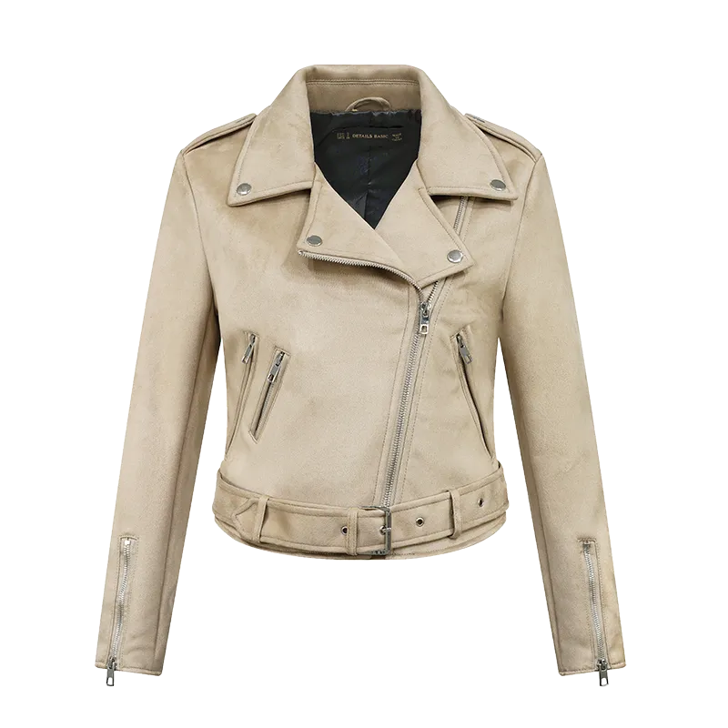 2023 Women Autumn Winter Thick Fake Suede Faux Leather Jackets Sashes Lady Matte Motorcycle Coats Biker Zipper Pocket Streetwear - KAISERINC