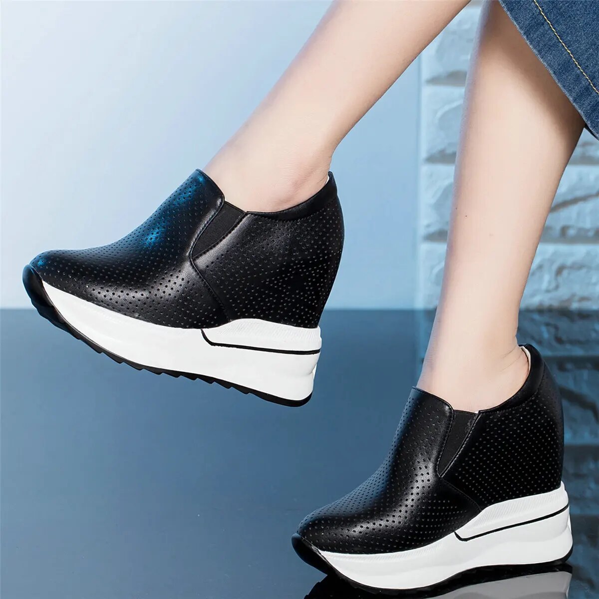 Breathable Vulcanized Shoes Women Genuine Leather Wedges High Heel Pumps Female Round Toe Platform Fashion Sneakers Casual Shoes