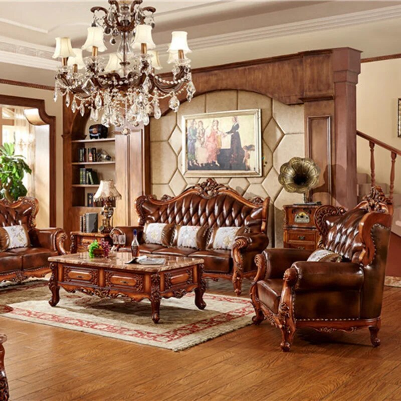 Antique Color Solid Wood Carving European-style Leather Sofa First Layer Cowhide, Villa Size and Living Room Combination