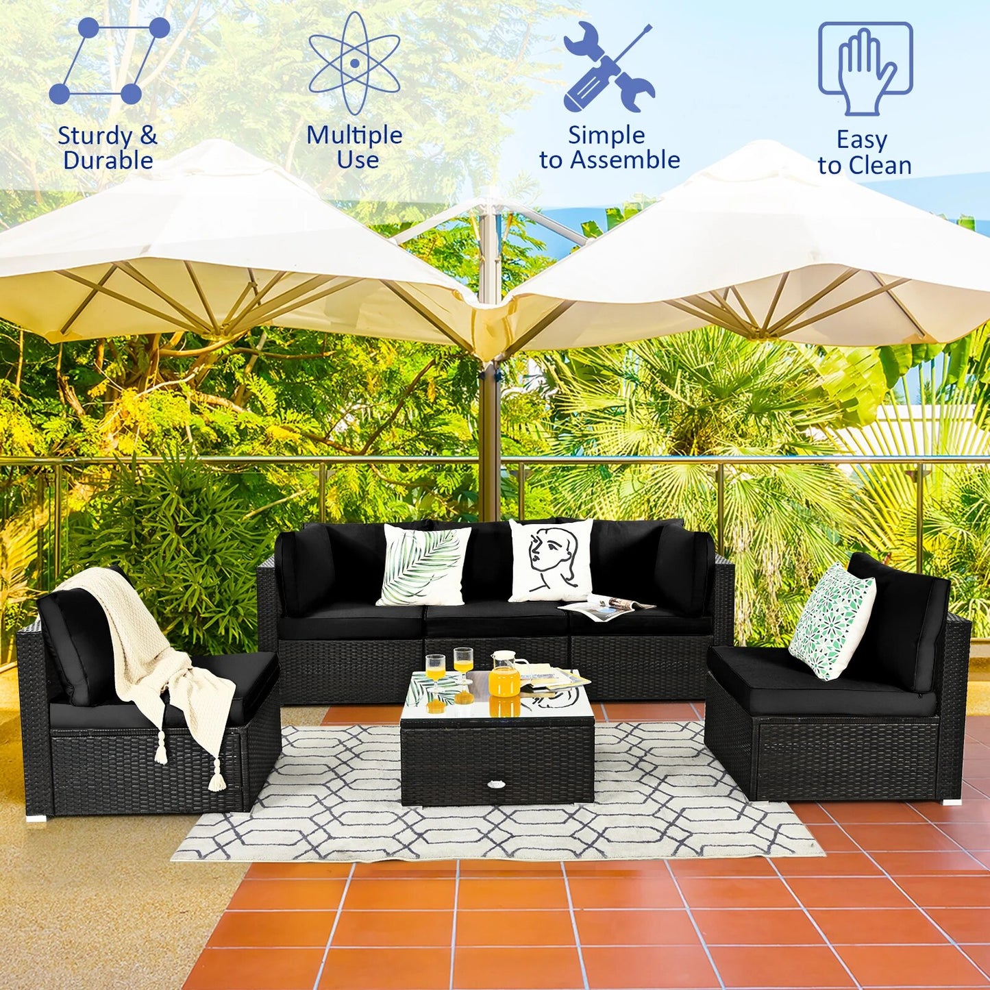 Patiojoy 6PCS Patio Rattan Furniture Set Cushioned Sofa Coffee Table Garden HW67937