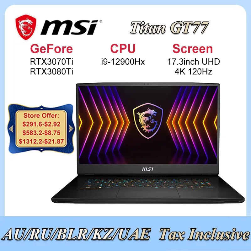 MSI TITAN GT77 Gaming Laptop 17.3 Inch UHD 4K 120Hz IPS Screen Notebook i9-12900HX 64GB 2TB RTX3080Ti Gaming Computer Netbook