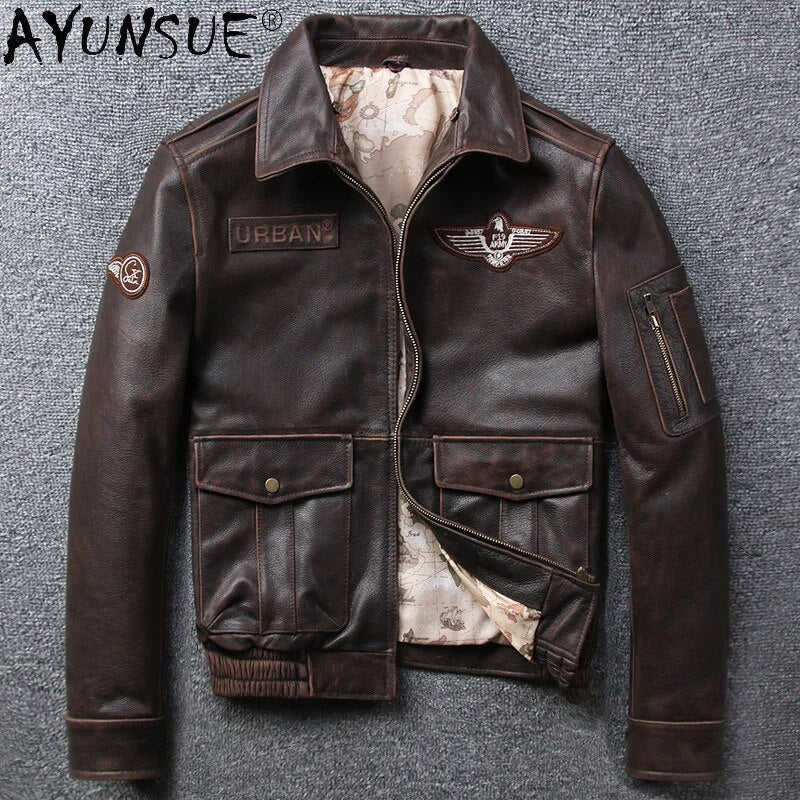 Real Cowhide Leather Jacket Men Retro Coat Motorcycle Men's Clothing Winter Clothes Mens Jackets Hommes Veste LXR679