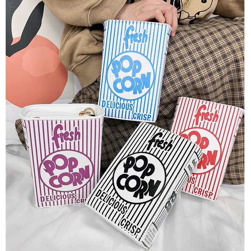 Popcorn Red Stripe Design Chain Shoulder Crossbody Bag for Women Fashion Girl's Purses and Handbags Novelty Clutch Bag Pu Leathe