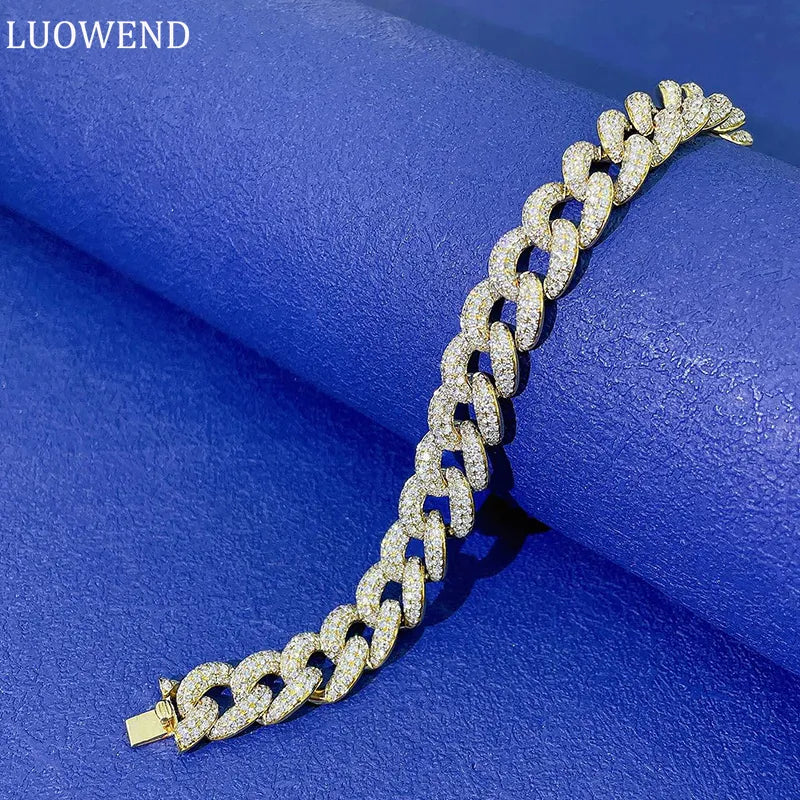LUOWEND 18K Yellow or White Gold Bracelet Luxury Wide Cuban Chain Shape Real Natural Diamonds 10.65carat Bracelet for Women