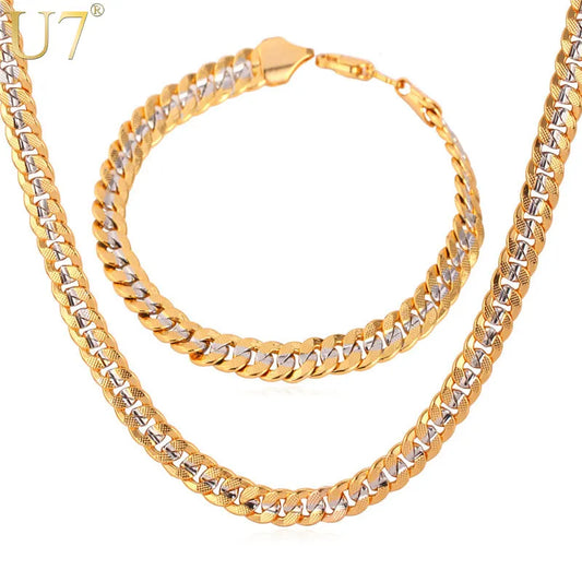 U7 Brand Bracelet Necklace Set for Man Mix & Match Gold Color Hip Hop Chunky Thick Cuban Link Chain Jewelry Set For Men