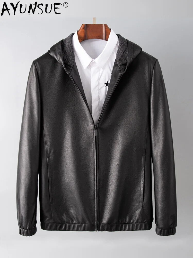 Men Clothing 5XL Real Cow Leather Jacket Autumn Men's Clothes Hooded Coat Male Zipper Mens Jackets Hommes Veste LXR448