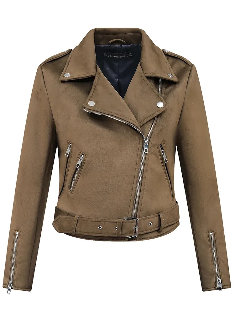 2023 Women Autumn Winter Thick Fake Suede Faux Leather Jackets Sashes Lady Matte Motorcycle Coats Biker Zipper Pocket Streetwear - KAISERINC