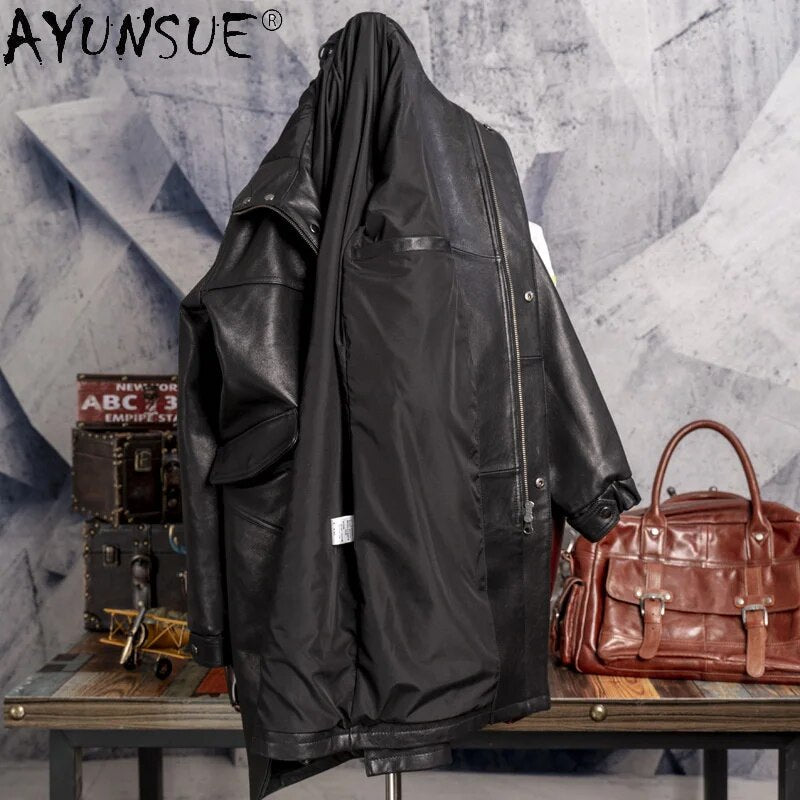 Genuine Sheepskin Leather Jacket Men Clothing Korean Hooded Men's Windbreaker Medium Long Clothes Hommes Veste LXR891