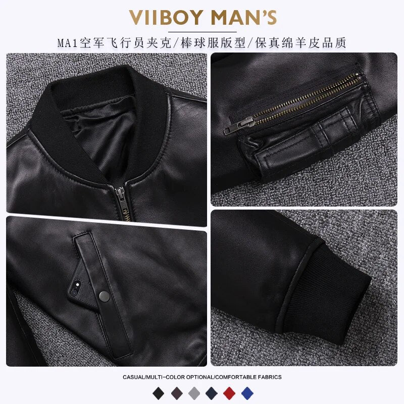 Mens 100% Genuine Leather Jacket 2023 Fall New First Layer Sheepskin Pilot Leather Coats Short Stand Collar Baseball Jacket Tide