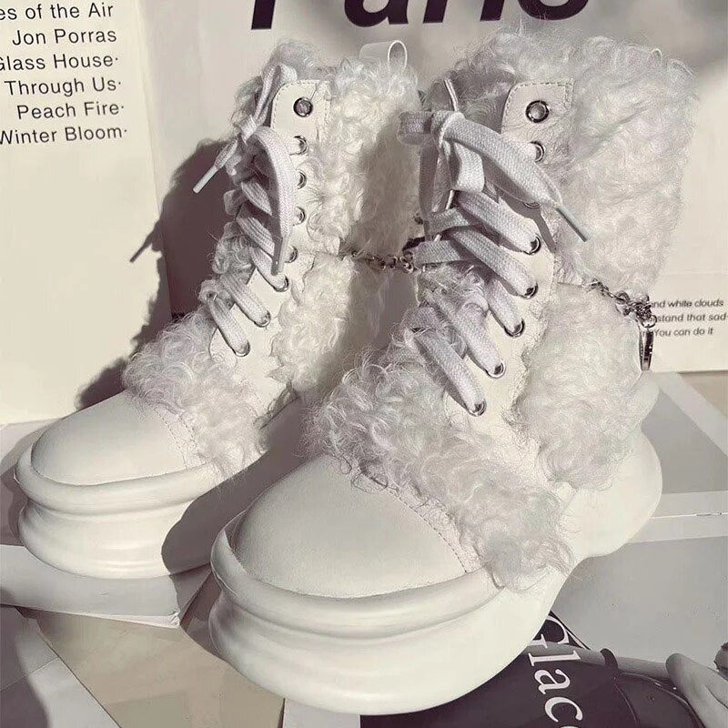 European Station Women's Fashion Platform Ankle Boots Luxury Wool Trend Snowshoes Fine Chain Casual Solid Color Fur Sneakers