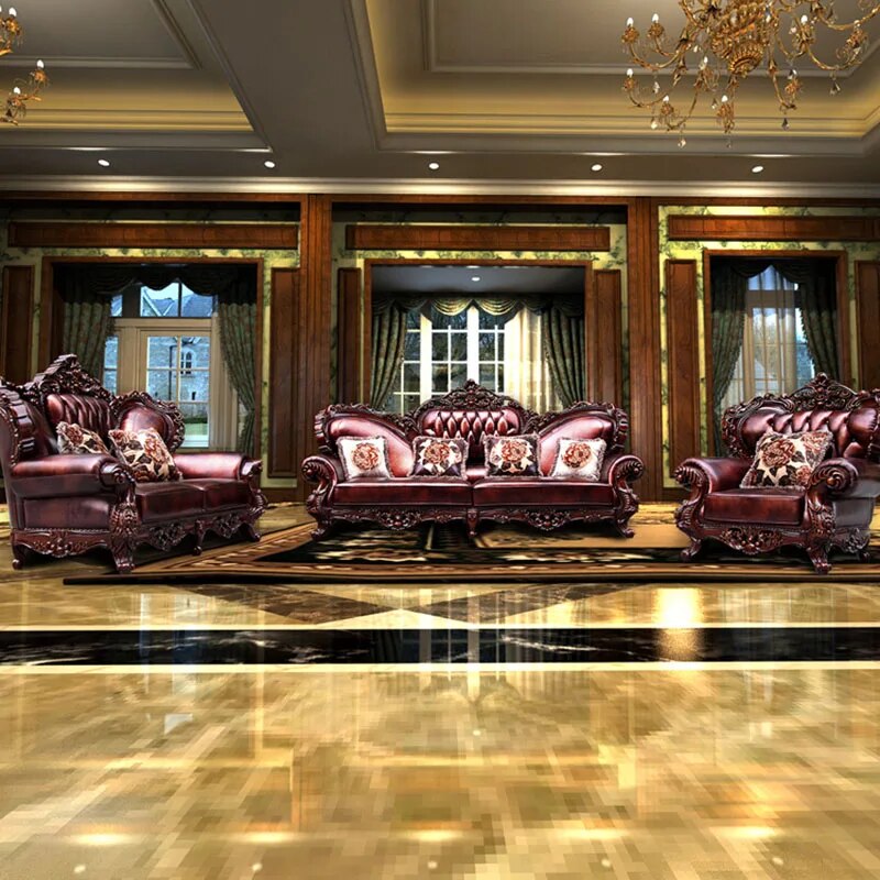 All Solid Wood Leather Sofa Combination European Style Sofas High-end Luxury Residential Furniture Large Apartment Living Room