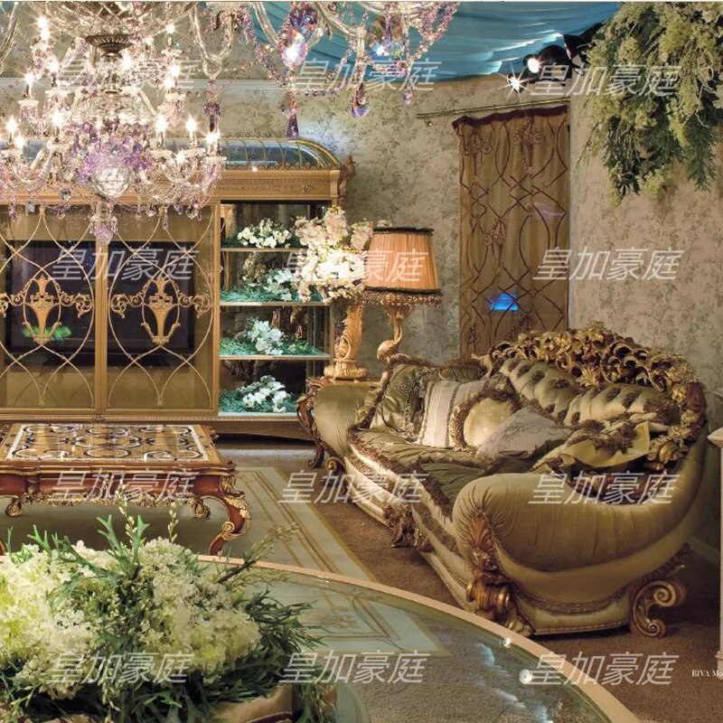 Modern Luxury European Style Hand Carved Solid Wood Sofa Set with Fabric Upholstery for Living Room and Villa Lounge Couch