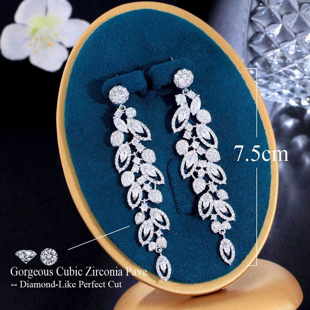 CWWZircons Luxury CZ Bridal Jewelry Gorgeous Top Quality Cubic Zirconia Pave Long Dangle Wedding Earrings for Brides CZ396