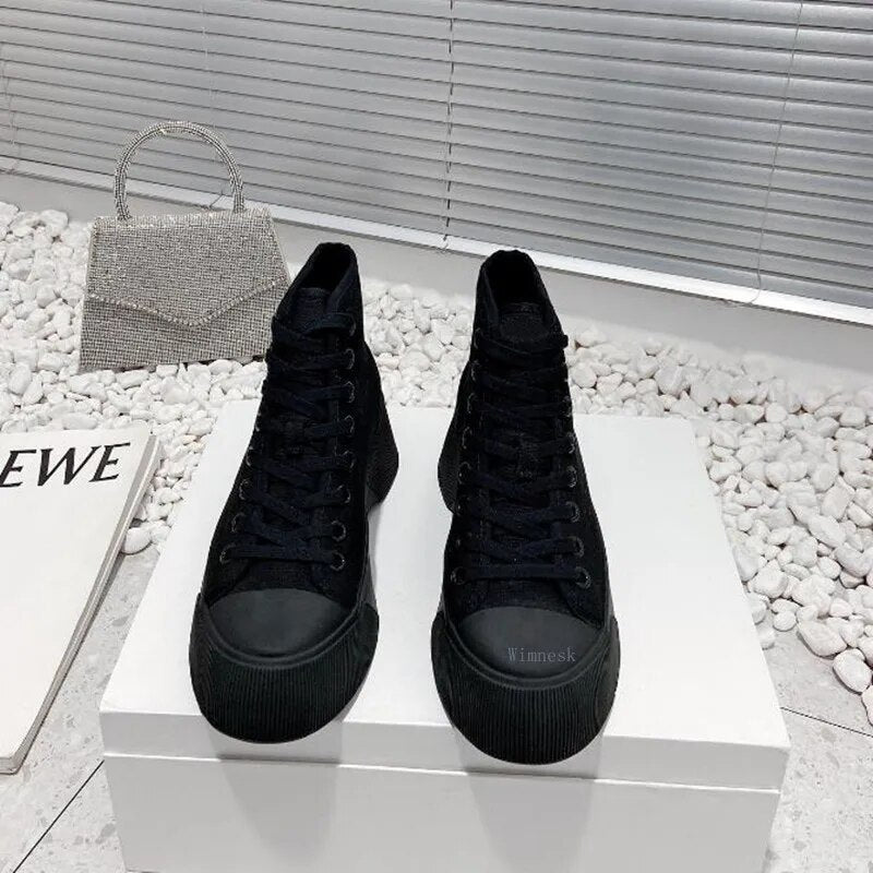 Spring Autumn New Round Toe Canvas Sneakers Boots Women Thick Sole Lace Up Patchwork Casual All Match Fashion Comfortable Shoes