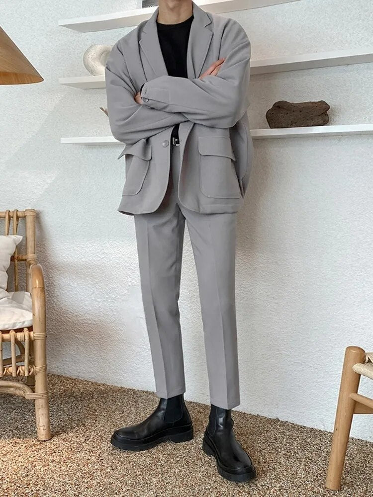 Men Casual Blazer Set Solid Color Single Breasted Loose Suit Jacket Pants Two Pieces Autumn New Formal Coat Male M-2XL