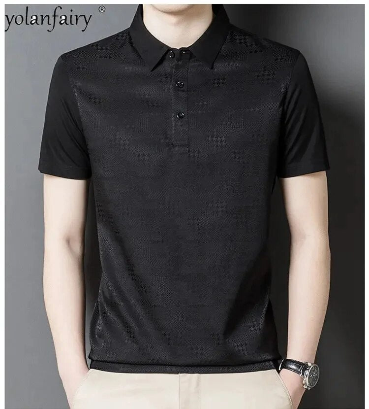 Summer 95% Mulberry Silk T Shirts for Men Tees Short Sleeved Polo Male Business Casual High-quality FCY3904