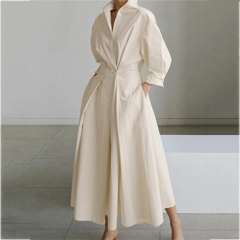 5XL Elegant Women Spring Autumn Sundress Fashion Lapel Neck Long Sleeve Solid  Long Shirt Dress OL Vestidos Robe Femme - KAISERINC