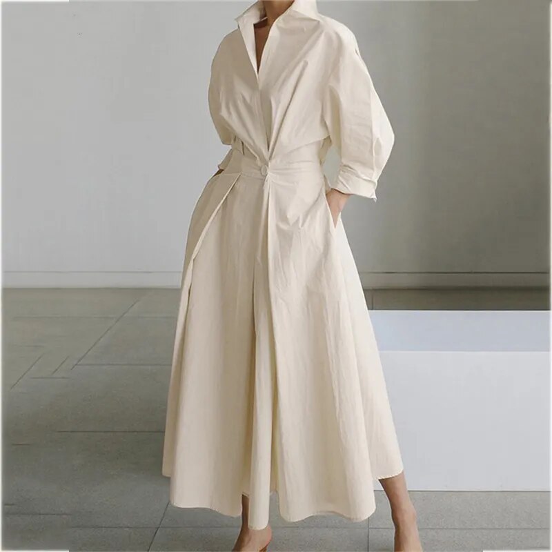 5XL Elegant Women Spring Autumn Sundress Fashion Lapel Neck Long Sleeve Solid  Long Shirt Dress OL Vestidos Robe Femme