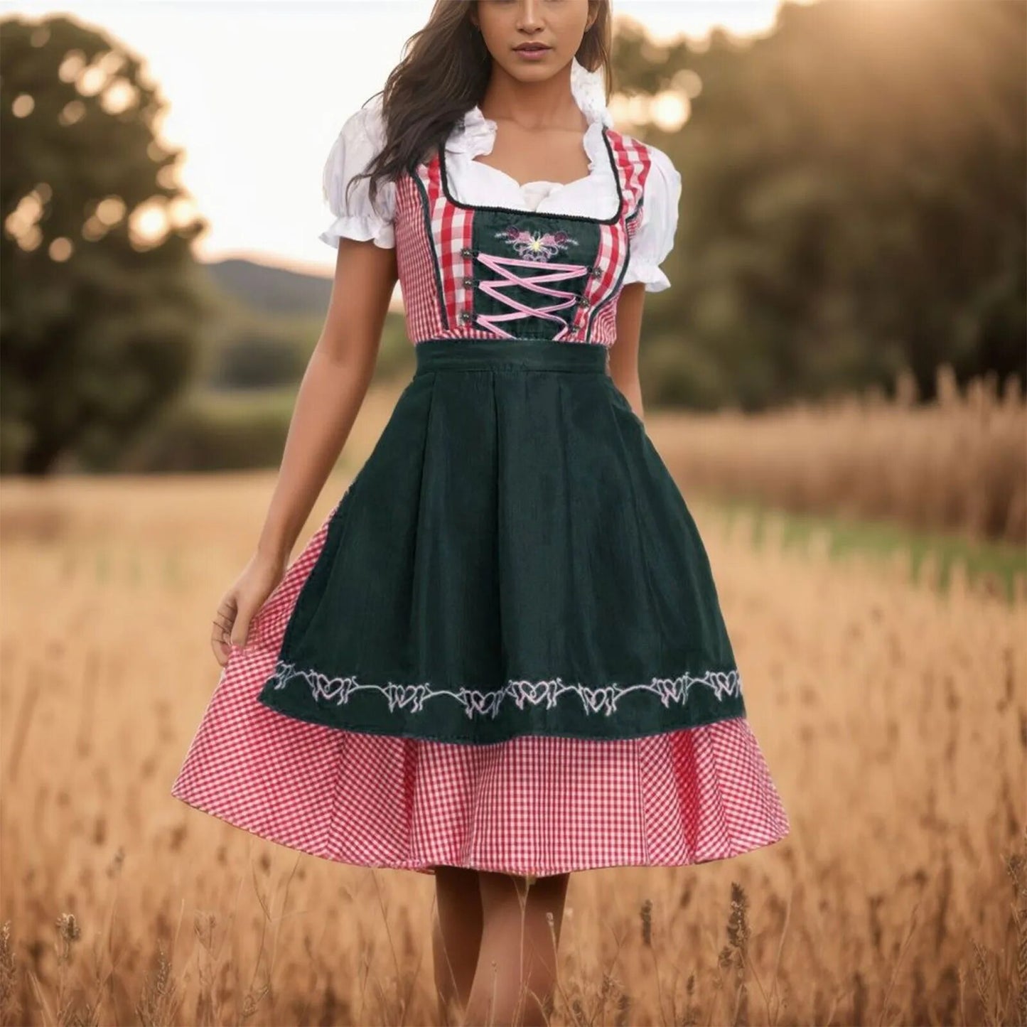 High Quality Traditional German Plaid Dirndl Dress Oktoberfest Costume Outfit For Adult Women Halloween Cosplay Fancy Party