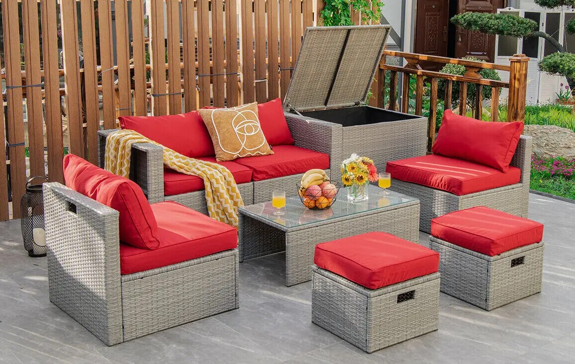 Patiojoy 8PCS Patio Rattan Furniture Set Storage Waterproof Cover Red Cushion