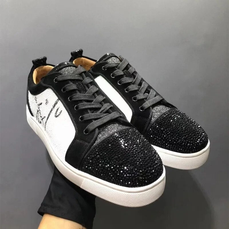 Fashion leather low top men's shoes Flat casual board shoes Rhinestone women's shoes Couples' red soled shoes