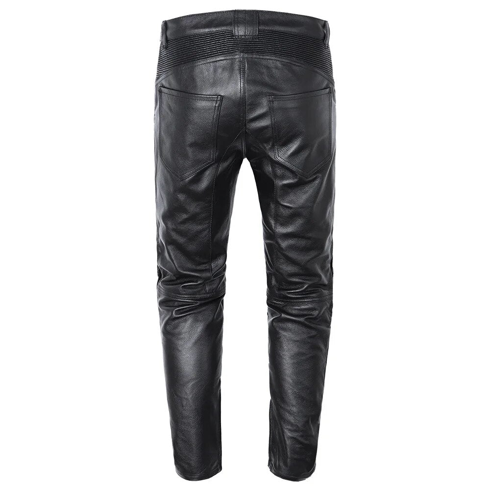 Motorcycle Genuine Leather Pant Men's Cowhide Trousers For Man High Quality Moto Biker Slim Pants Can Install Knee Protectors
