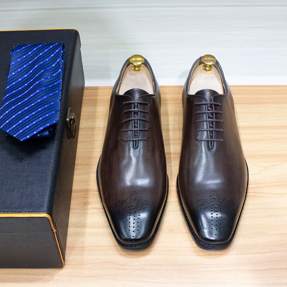 Classic Whole-Cut Mens Oxford Dress Shoes Genuine Leather Calfskin Men's Shoes Handmade Lace Up Formal Wedding Shoes for Men