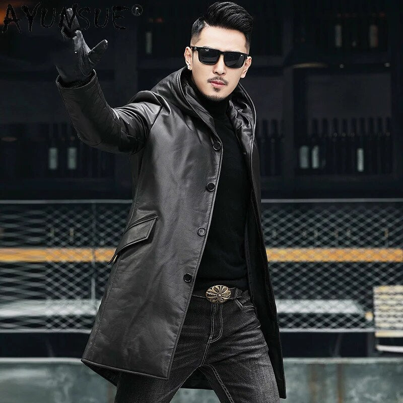 Men's Down Jacket Winter Coat Men Clothing Real Cow Leather Jackets Thick Clothes Hooded Windbreaker Ropa Hombre LXR543
