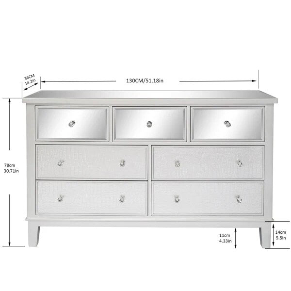 Mirrored Glass TV Stand with 7 Drawers Cabinet Modern Furniture for Living Room Bedroom Decoration 130 x 36 x 78 cm Silver