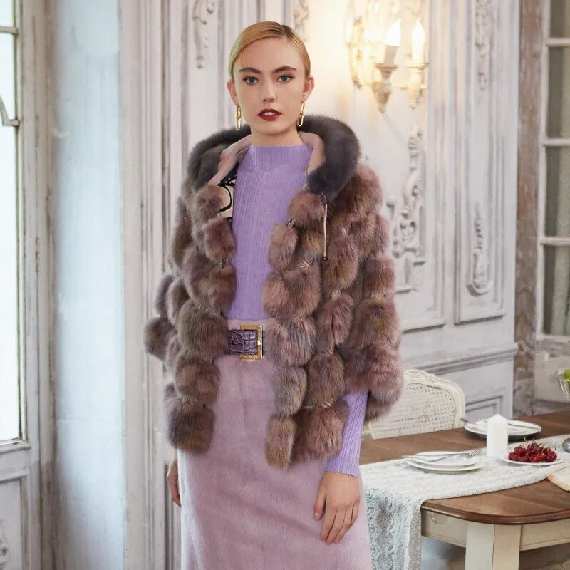 Women's Fur Coat 2223 Trend Natural Fur Long Mink Purple Floral Hooded Outerwear Jackets Trench Coats Outdoor Clothes Clothing