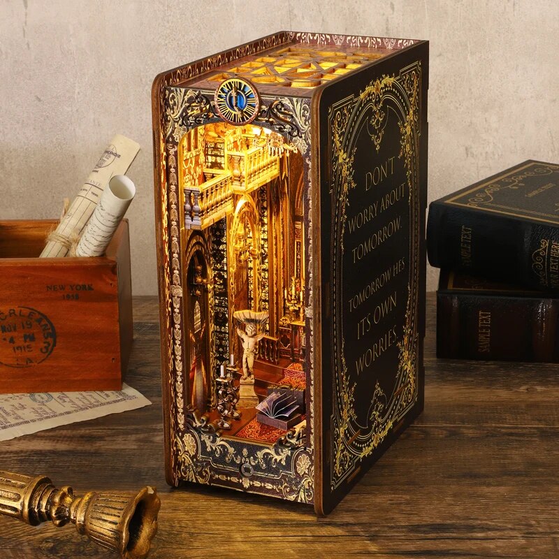 DIY Wooden Book Nook Shelf Insert Kits Miniature Saint Church Bookends Doll Houses Bookshelf Handmade Crafts Gifts Home Decor