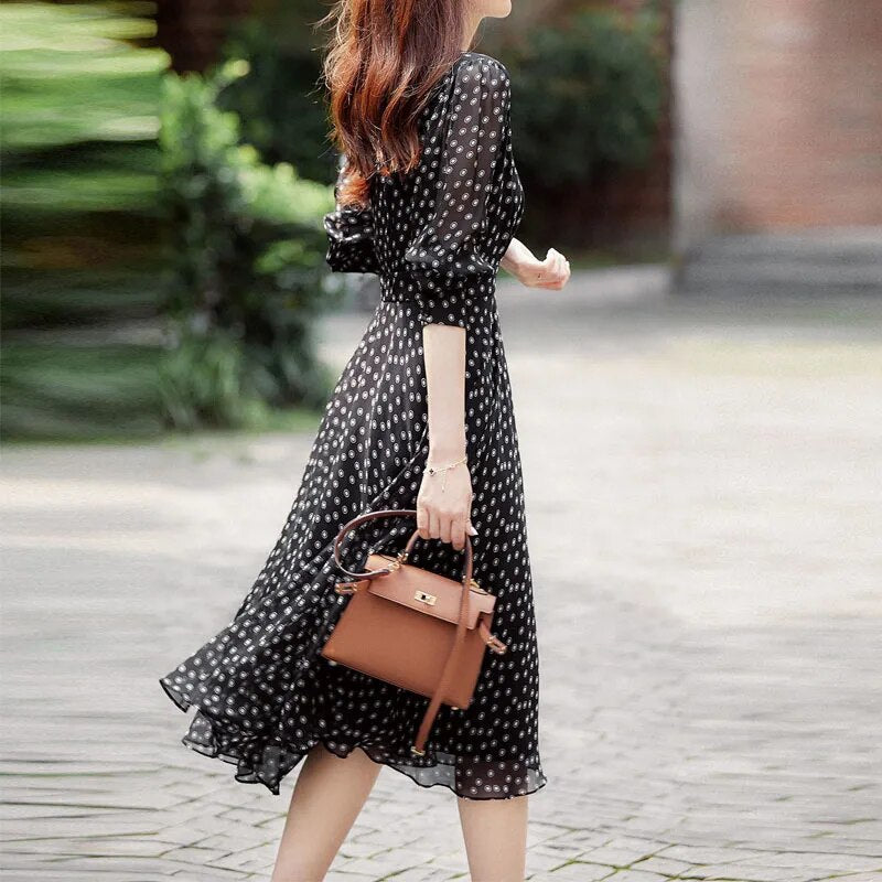 Polka Dot Print Chiffon Elegant Dresses for Women 2023 Summer New Vintage Fashion V-Neck Half Sleeve Casual Ladies Midi Dress - KAISERINC