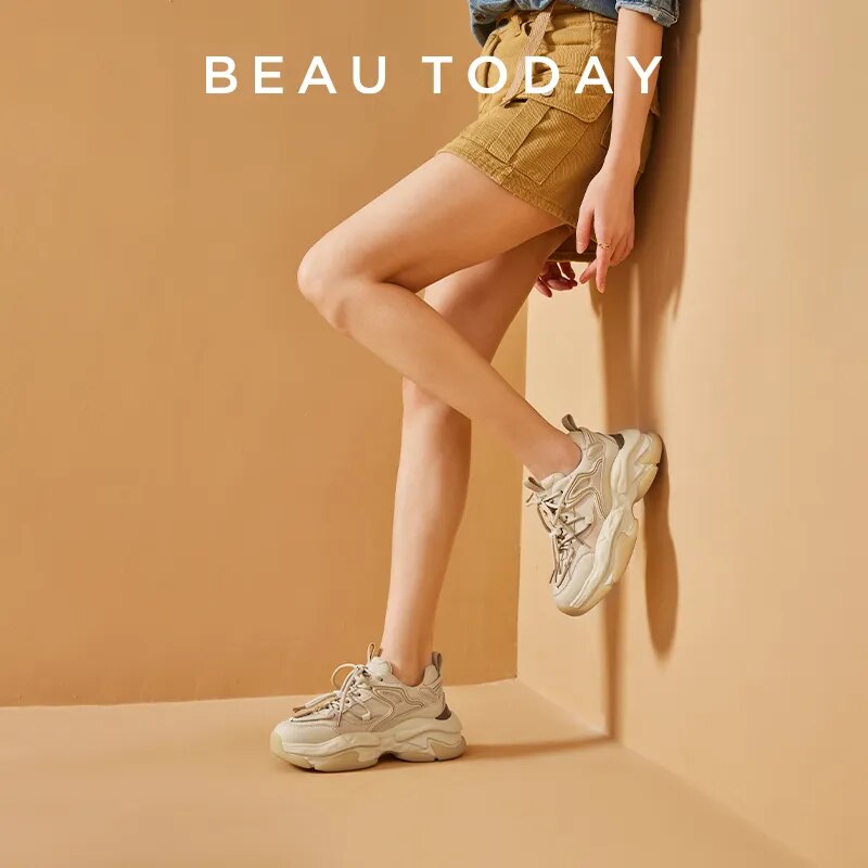 BeauToday Chunky Sneakers Women Suede Leather Lace-up Solid Fashion Breathable Ladies Shoes Thick Sole Trainers Handmade 29464