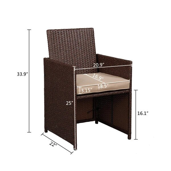 9 Pieces Patio Furniture Set Wood Grain PE Wicker Rattan Dining Table Set Ottoman with Tempered Glass Table Easy Assembly