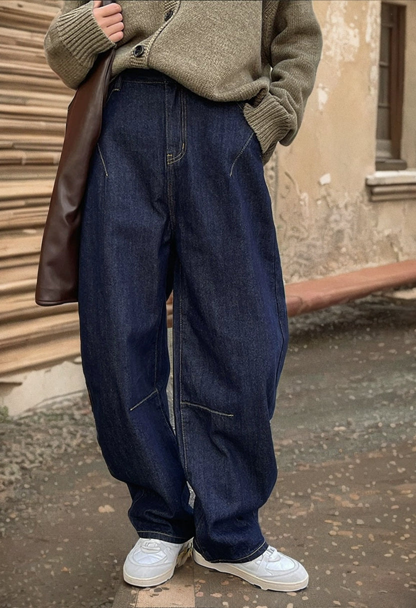 Early Spring New Arrived Arc Wide Leg Banana Pants Japanese Retro Style High Waist Jeans Texture Thickening Ankle Banded Baggy Pants