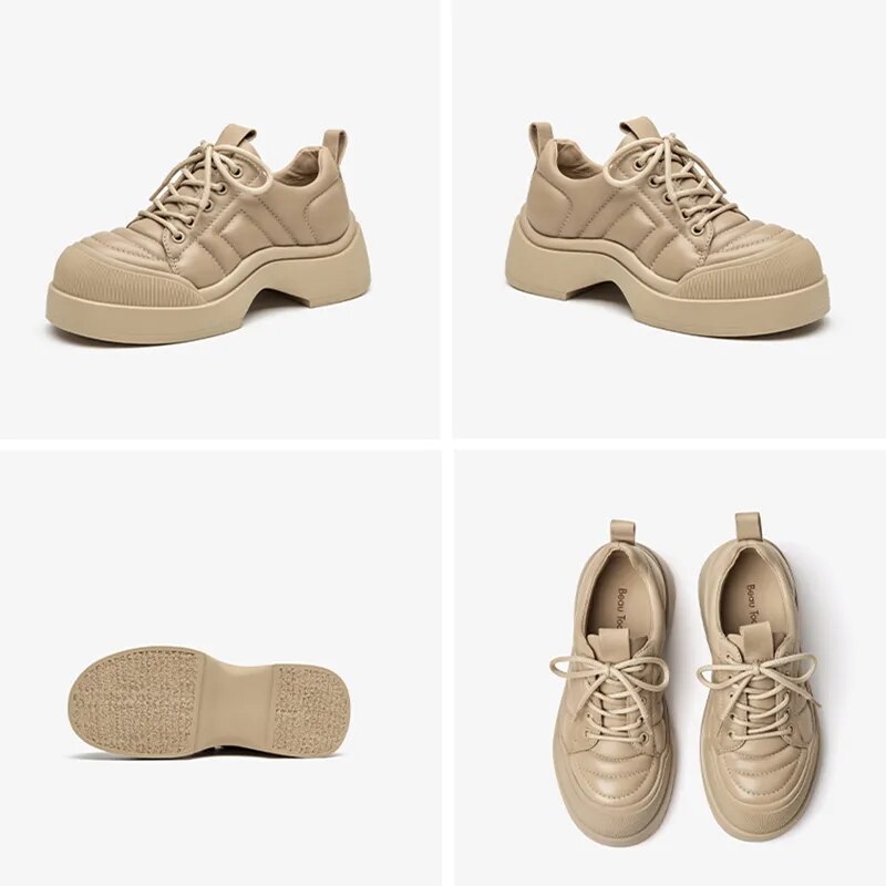 BEAUTODAY Casual Shoes Women Genuine Calfskin Solid Color Round Toe Lace-up Soft 2023 Ladies Trendy Sneakers Handmade 25503