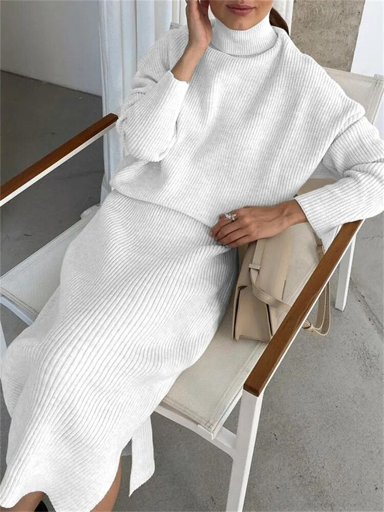TARUXY Ribbed Knit 2 Piece Dress Set Outfits Ladies  Knitwear Top And Midi Skirt Sets For Women Casual Winter Sweater Sets 2023 - KAISERINC
