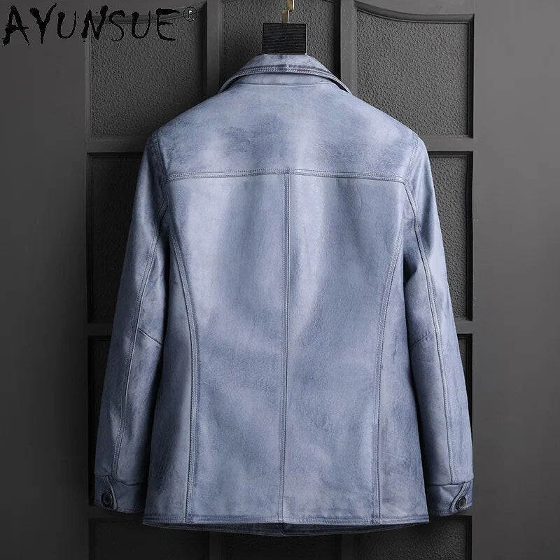Men Clothing Genuine Cowhide Leather Jacket Mens 2024 Men's Autumn Coat Blue Jackets Chaquetas Hombre LXR1022