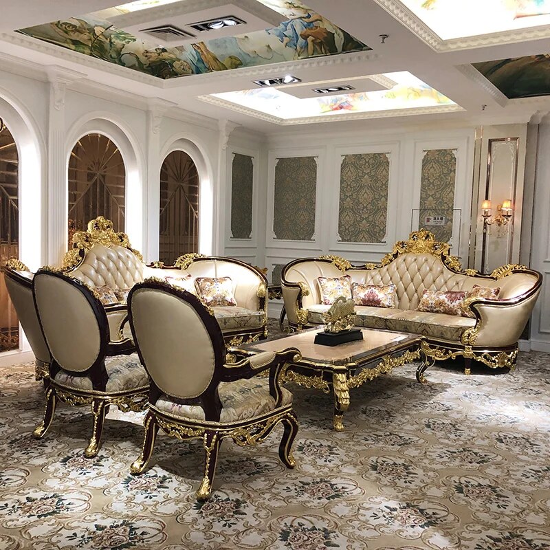 European style leather sofa 123 combination high-end luxury large family living room first floor leather solid wood decoration